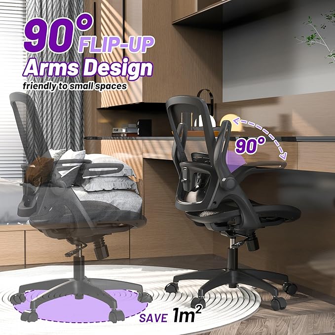 Ergonomic Mesh Seat Home Office Computer Desk Chair Height Adjustable Lumbar Support with Flip Up Arms Swivel Wheels for Adult, black - LeafyLoom