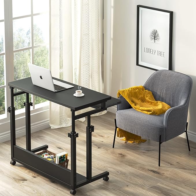 Tribesigns Portable Desk for Sofa and Bed, Height Adjustable Mobile Laptop Table Small Standing Desk Rolling Computer Cart with Keyboard Tray on Wheels for Home Office (Black) - LeafyLoom