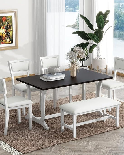 Dining Table Set for 6, Farmhouse 6-Piece Trestle Dining Room Table Set with Upholstered Dining Chairs and Bench, Kitchen Table Set for Dining Room, White - LeafyLoom