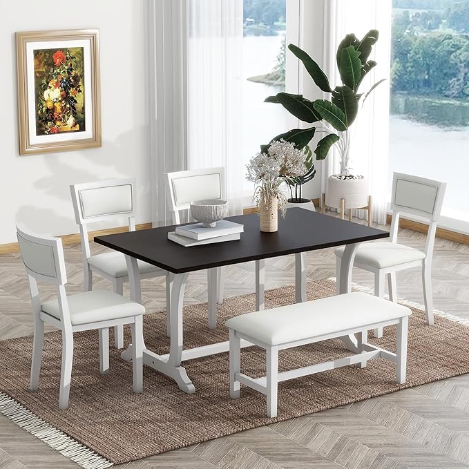 Dining Table Set for 6, Farmhouse 6-Piece Trestle Dining Room Table Set with Upholstered Dining Chairs and Bench, Kitchen Table Set for Dining Room, White - LeafyLoom