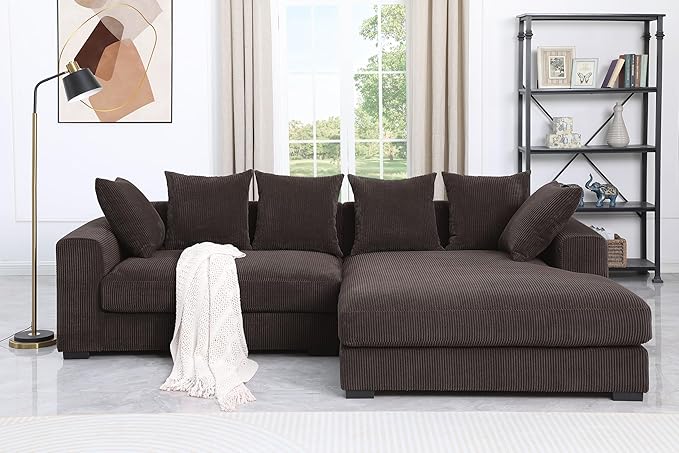 110" Modern L-shaped Sectional Sofa with Big Chaise,Upholstered Sleeper Couch W/ 6 Throw Pillows & Generously Armrests,Easy Assembly,Spacious Loveseat for Living Room Apartment Home,Dark Brown - LeafyLoom