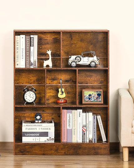 LEYAOYAO 7 Cube Bookshelf with Base,3 Tier Mid-Century Modern Brown Bookcase,Standing Wide Bookshelves Storage Organizer Shelf,Rustic Wood Display Cabinet Book Shelves for Bedroom,Living Room,Office - LeafyLoom