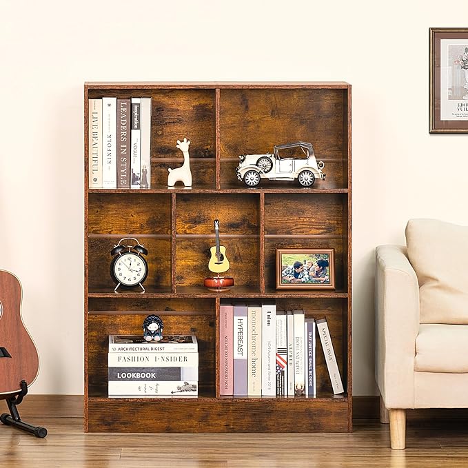 LEYAOYAO 7 Cube Bookshelf with Base,3 Tier Mid-Century Modern Brown Bookcase,Standing Wide Bookshelves Storage Organizer Shelf,Rustic Wood Display Cabinet Book Shelves for Bedroom,Living Room,Office - LeafyLoom