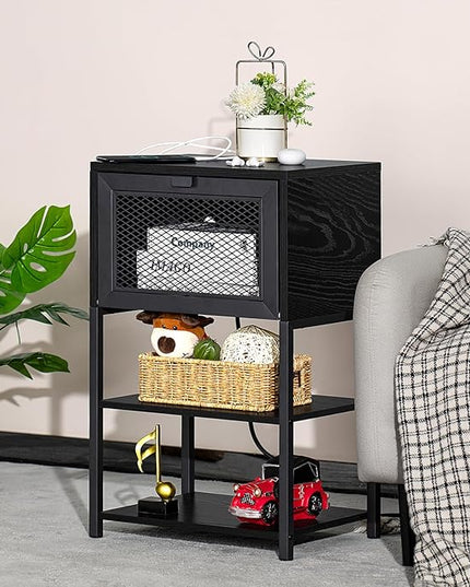 Black Nightstands Set of 2 with Charging Station and USB Port, 3 Tier Industrial Night Stand, Bedside Table with Flip Storage Drawer and Open Shelf, End Side Table for Bedroom, Office, Dorm - LeafyLoom