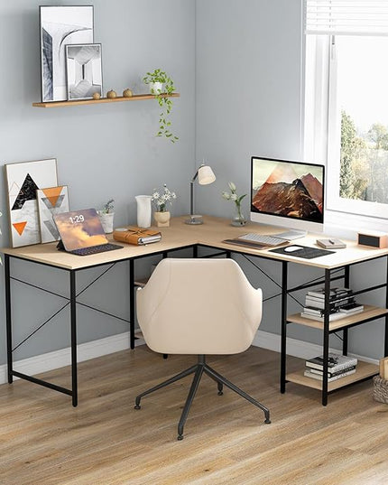 L-Shaped Home Office Desk, Corner Computer Desk w/Monitor Stand, Reversible PC Desk w/Heavy-Duty Metal Frame, Long Office Desk for 2 Person, Space-Saving Design (Natural) - LeafyLoom