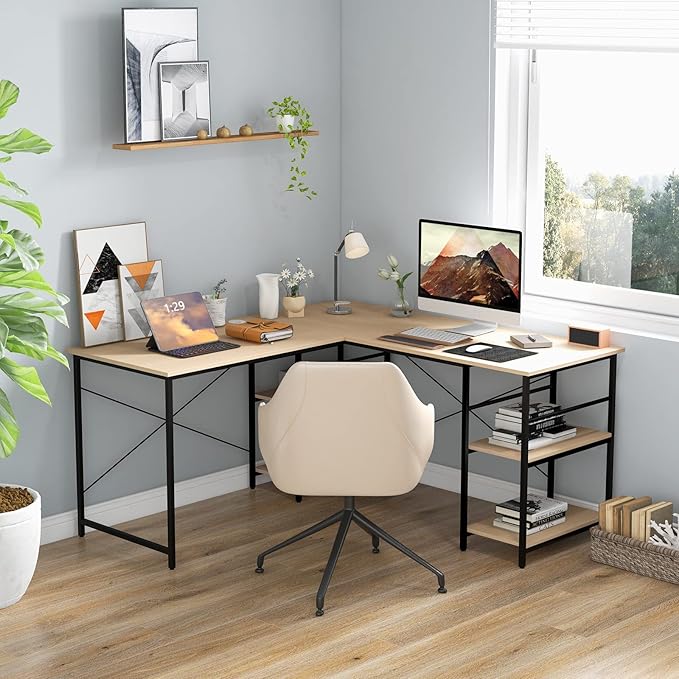 L-Shaped Home Office Desk, Corner Computer Desk w/Monitor Stand, Reversible PC Desk w/Heavy-Duty Metal Frame, Long Office Desk for 2 Person, Space-Saving Design (Natural) - LeafyLoom