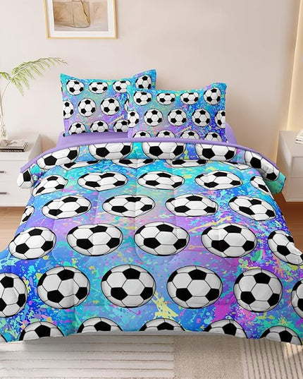 4 Piece Girls Soccer Bedding Set Twin Size Colorful Soccer Comforter Set for Teen Girls Kids Twin Bed in a Bag Set with Sheets Twin Bed Sets for Teenage - LeafyLoom