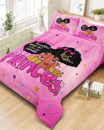 Kids Twin Bedding Set for Girls, Princess Comforter Set Twin, Black Girl Bed Set, Pink Teens Kids Daybed Quilt Set with 1 Comforter and 2 Pillow Cases - LeafyLoom