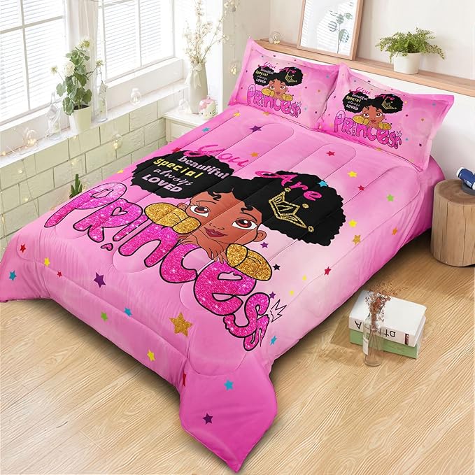 Kids Twin Bedding Set for Girls, Princess Comforter Set Twin, Black Girl Bed Set, Pink Teens Kids Daybed Quilt Set with 1 Comforter and 2 Pillow Cases - LeafyLoom
