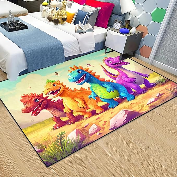 Dinosaur Rugs for Boys Bedroom - Cartoon Dinosaur Rug Dinosaur Carpet Playroom Mat for Kids Room Colorful Cute Dino Rug for Room Kids Carpet for Bedroom,3'×4' - LeafyLoom