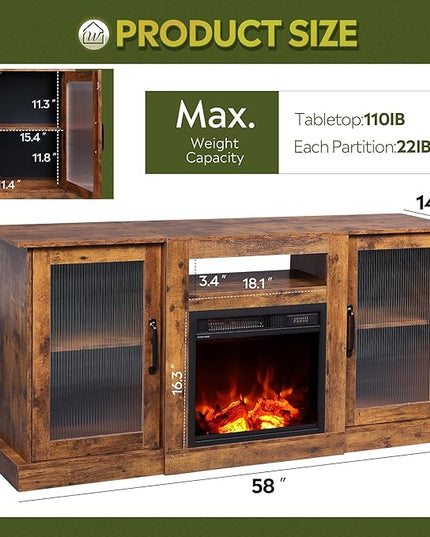 WLIVE Fireplace TV Stand for 65" TV, Entertainment Center with 18 Inch Electric Fireplace, TV Console with Open Shelves for Living Room and Bedroom, Rustic Brown - LeafyLoom