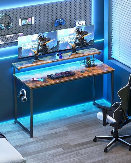 AODK Computer Desk, 48 Inch Gaming Desk with LED Lights and Power Outlet, Office Desk with Adjustable Monitor Shelf (3 Heights), Computer Table Work Desk for Home/Bedroom, Rustic Brown - LeafyLoom