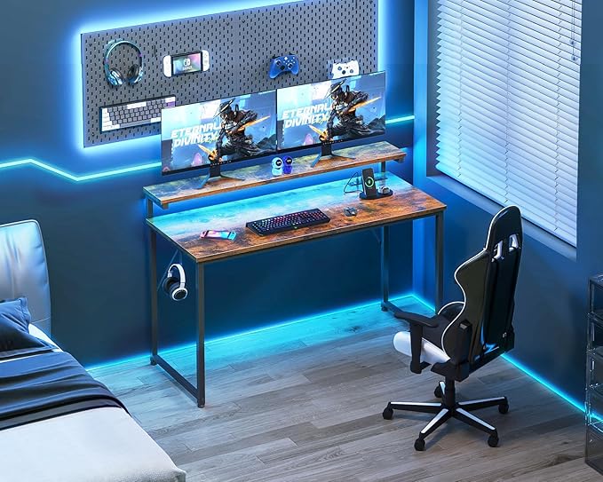 AODK Computer Desk, 48 Inch Gaming Desk with LED Lights and Power Outlet, Office Desk with Adjustable Monitor Shelf (3 Heights), Computer Table Work Desk for Home/Bedroom, Rustic Brown - LeafyLoom