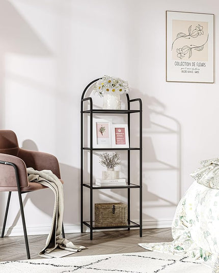 Bookcase Bookshelf, Tempered Glass Bookshelves, Slim Shelving Unit for Bedroom, Bathroom, Home Office, Steel Frame, 4 Tier Black BC04001B - LeafyLoom