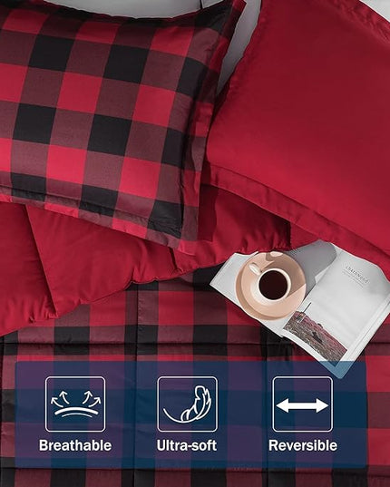downluxe Lightweight Plaid Comforter Set (King) with 2 Pillow Shams - 3-Piece Set - Red/Black Plaid - Down Alternative Reversible Comforter - LeafyLoom