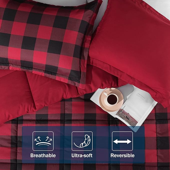 downluxe Lightweight Plaid Comforter Set (King) with 2 Pillow Shams - 3-Piece Set - Red/Black Plaid - Down Alternative Reversible Comforter - LeafyLoom