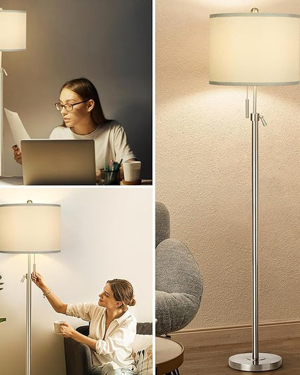Brushed Nickel Floor Lamp for Living Room, Adjustable Height Standing Lamp with Metal Base, Tall Pole Light with Grey Shade for Bedroom, 8W 4000K 3-Way LED Bulb Included (Brushed Nickel, Grey Shade) - LeafyLoom