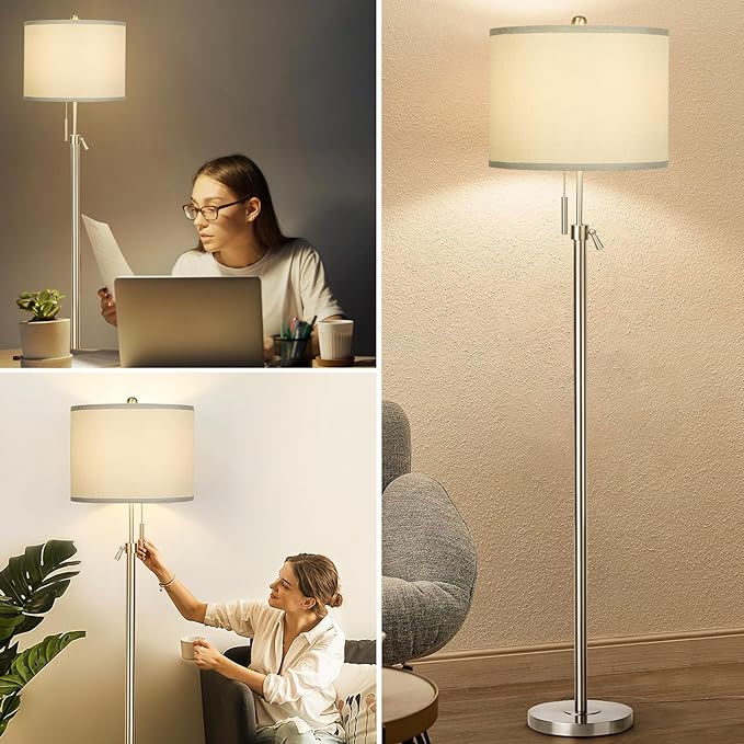 Brushed Nickel Floor Lamp for Living Room, Adjustable Height Standing Lamp with Metal Base, Tall Pole Light with Grey Shade for Bedroom, 8W 4000K 3-Way LED Bulb Included (Brushed Nickel, Grey Shade) - LeafyLoom