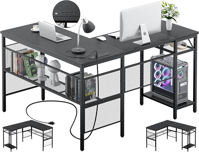 Unikito L Shaped Desk with USB Charging Port and Power Outlet, Reversible Corner Computer Desk with Storage Shelves, Industrial 2 Person Long Gaming Table Modern Home Office Desk, Black - LeafyLoom