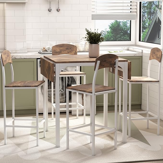NicBex Small Dining Table Set for 4 Counter Height Dining Table Set Modern 3-Piece Round Dining Table Set with Drop Leaf and 2 Chairs for Small Places, Space-Saving, Rustic Brown - LeafyLoom