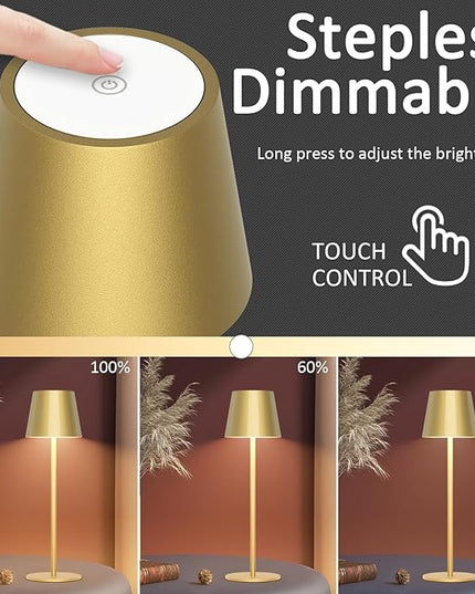 2 Pack Dimmable Table Lamp 3000k Warm White, IP54 Wireless Bottle Lamp for Indoor and Outdoor, 5000 mAh Rechargeable Table Lamp for Family, Restaurant & Bar(Gold) - LeafyLoom