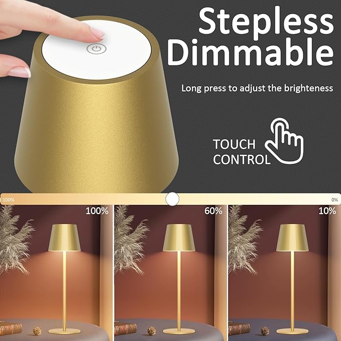 2 Pack Dimmable Table Lamp 3000k Warm White, IP54 Wireless Bottle Lamp for Indoor and Outdoor, 5000 mAh Rechargeable Table Lamp for Family, Restaurant & Bar(Gold) - LeafyLoom