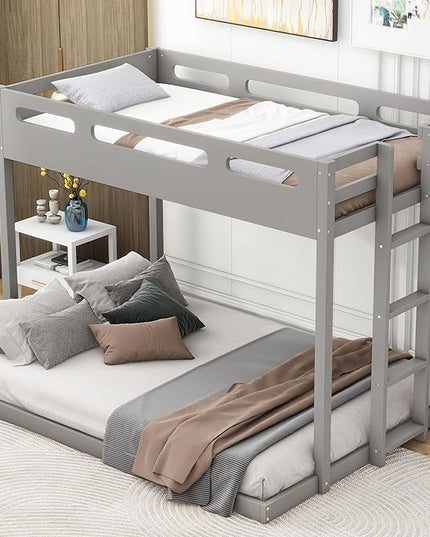 Twin Over Full Bunk Bed with Built-in Ladder, Solid Wood Floor Bedframe with Guardrail, Headboard and Footboard, for Kids Teens Adults, Bedroom/Dorm Bunkbeds, Gray - LeafyLoom