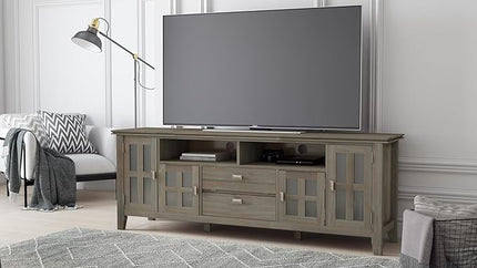SIMPLIHOME Artisan SOLID WOOD Universal TV Media Stand, 72 inch Wide, Transitional, Living Room Entertainment Center, Storage Cabinet, for Flat Screen TVs up to 80 inches in Distressed Grey - LeafyLoom