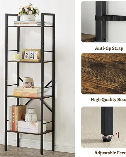 Tajsoon 4 Tier Bookshelf Industrial Ladder Shelf, Tall Skinny Bookshelf with Wood, Freestanding Thin Bookshelf for Home Office, Living Room, Bedroom, Metal Frame, Rustic Brown - LeafyLoom