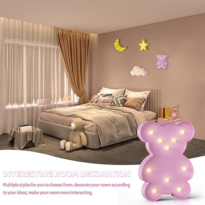 Pink Bear Decor, Battery Powered Bear Night Light for Kids, Pink Party Decorations, Baby Night Light for Bedroom, Toddler Night Lights, Pink kids room decor for Bedroom - LeafyLoom
