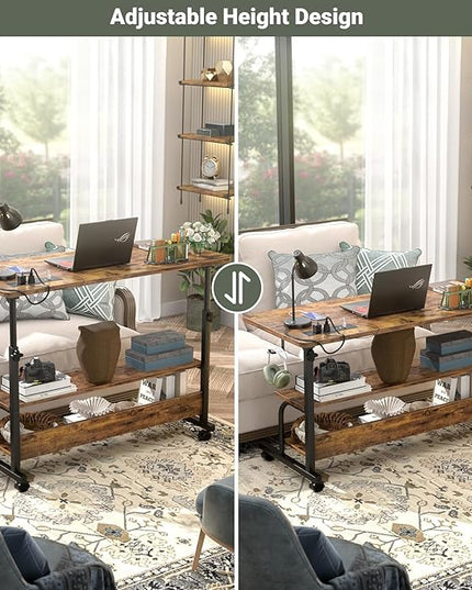 39" Height Adjustable Standing Desk with Power Outlets - Manual Rolling Stand Up Desk with Wheels Small Portable Computer Desk Mobile Laptop Table with Storage Shelves for Home Office, Rustic - LeafyLoom