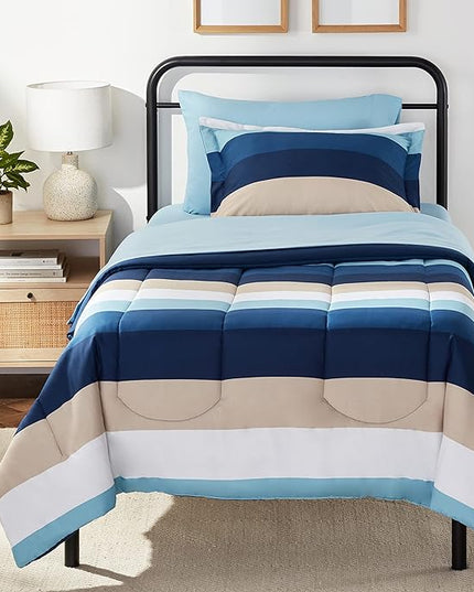 Amazon Basics Lightweight Microfiber Bed-in-a-Bag Comforter 5-Piece Bedding Set, Twin/Twin XL, Blue Stripe, Striped - LeafyLoom