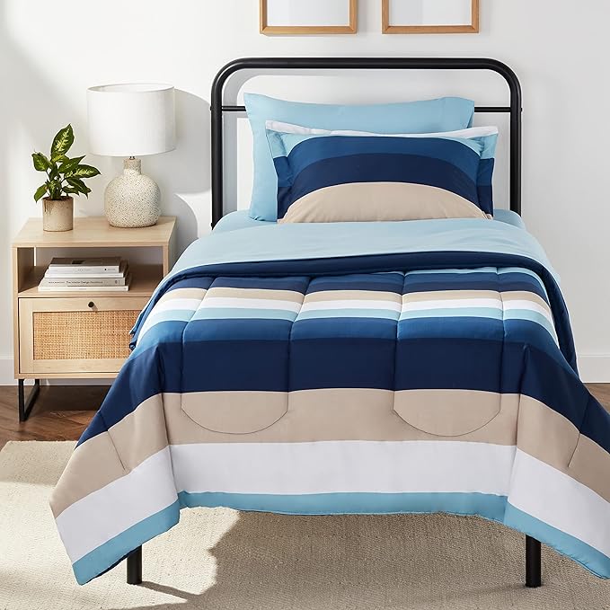 Amazon Basics Lightweight Microfiber Bed-in-a-Bag Comforter 5-Piece Bedding Set, Twin/Twin XL, Blue Stripe, Striped - LeafyLoom