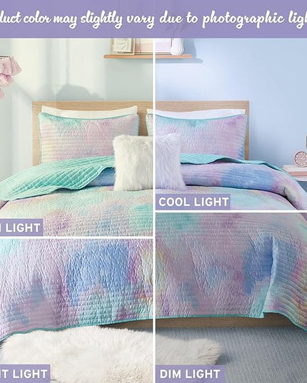Intelligent Design Queen Quilt Set Boho Quilt Set, Watercolor Tie-Dye Coverlet Set, Casual & Trendy Quilted Lightweight Bedspread, All Season Bed Set, Shams, Cassiopeia, Full/Queen, Pink/Blue 4 Piece - LeafyLoom