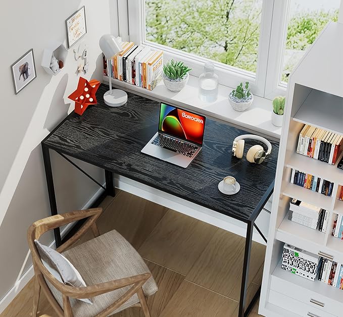 Coavas 39.4 inch Folding Desk No Assembly Required, Writing Computer Desk Space Saving Foldable Table Simple Home Office Desk, Black Wood - LeafyLoom