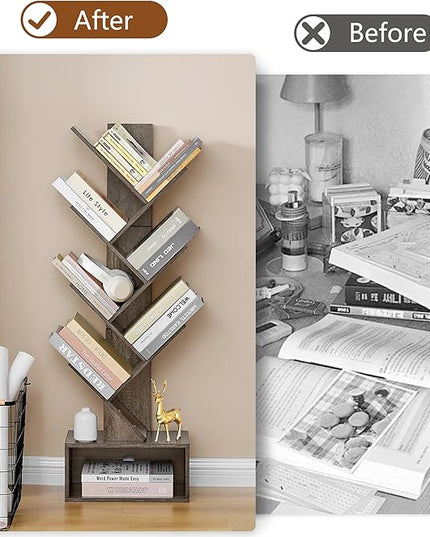 Hoctieon 6 Tier Tree Bookshelf, Tall Bookcase with Drawer, Freestanding Book shelf, Display Floor Standing Storage Shelf, Book Organizer Shelves for Home Office, Living Room, Bedroom, Grey - LeafyLoom
