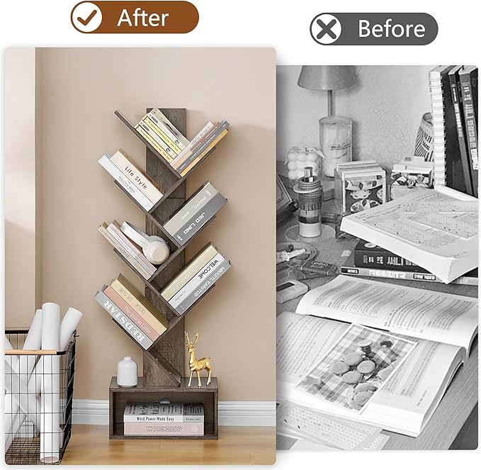 Hoctieon 6 Tier Tree Bookshelf, Tall Bookcase with Drawer, Freestanding Book shelf, Display Floor Standing Storage Shelf, Book Organizer Shelves for Home Office, Living Room, Bedroom, Grey - LeafyLoom