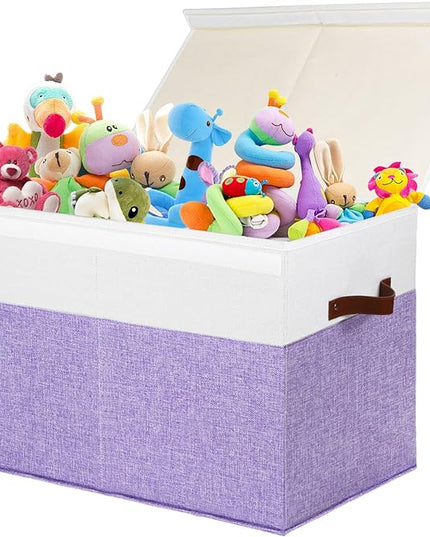 Large Toy Storage Box with Lid, Sturdy Toys Storage Chest Bin Organizer Basket with Dividers for Kids, Boys, Girls, Nursery, Closet, Bedroom, Playroom 25"x13" x16" (Purple and White) - LeafyLoom