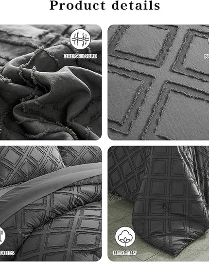 7 Pieces Tufted Bed in a Bag King Comforter Set with Sheets Dark Grey, Soft and Embroidery Shabby Chic Boho Bohemian, Luxury Solid Color with Diamond Pattern, Jacquard Tufts Bedding Set for All Season - LeafyLoom