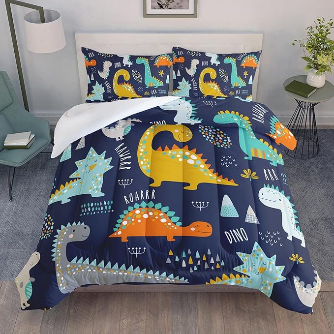 Datura home Bedding Comforter Set Kawaii Cartoon Dinosaur Printed Pattern with 1 and 2 Pillowcases for Boys Bedroom All Season(Cute Dinosaur Full) Full 80x90inches - LeafyLoom