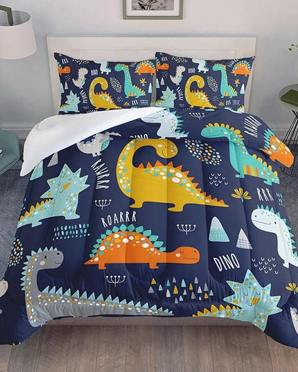 Datura home Bedding Comforter Set Kawaii Cartoon Dinosaur Printed Pattern Bedding Set with 1 Comforter and 2 Pillowcases for Boys Bedroom All Season(Cute Dinosaur Twin), Twin 68x86inches - LeafyLoom