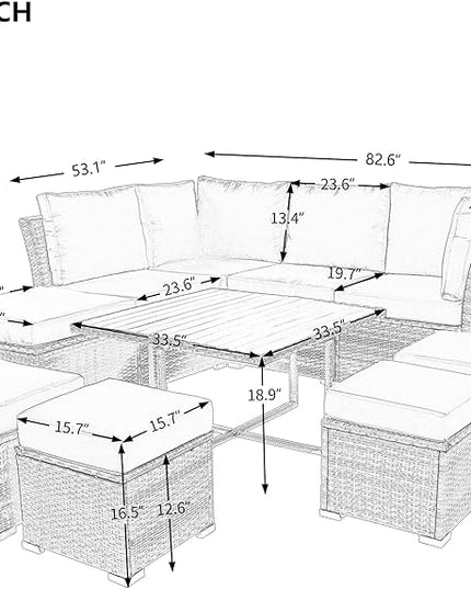 9-Pieces Outdoor Rattan Sectional Sofa Set, Wicker Patio Conversation Furniture with L-shape Couch&Storage Ottomans, Acacia Wood Coffee Table, for Garden Yard, Gray Wicker&Beige Cushion - LeafyLoom