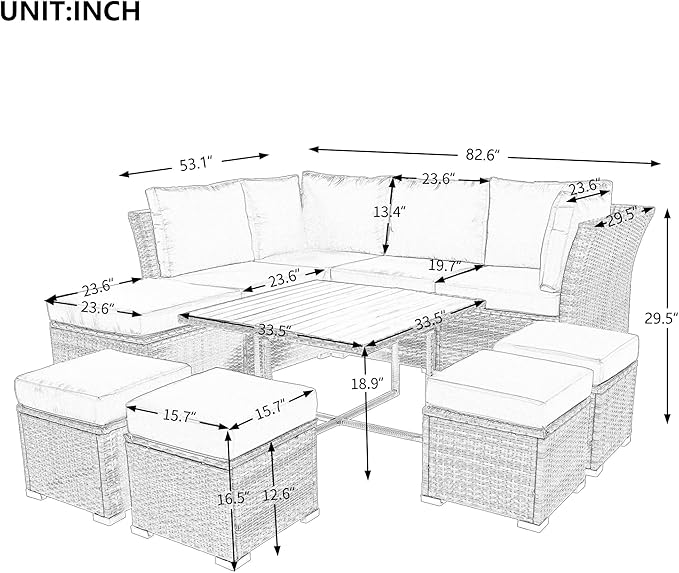 9-Pieces Outdoor Rattan Sectional Sofa Set, Wicker Patio Conversation Furniture with L-shape Couch&Storage Ottomans, Acacia Wood Coffee Table, for Garden Yard, Grey Wicker&Grey Cushion - LeafyLoom