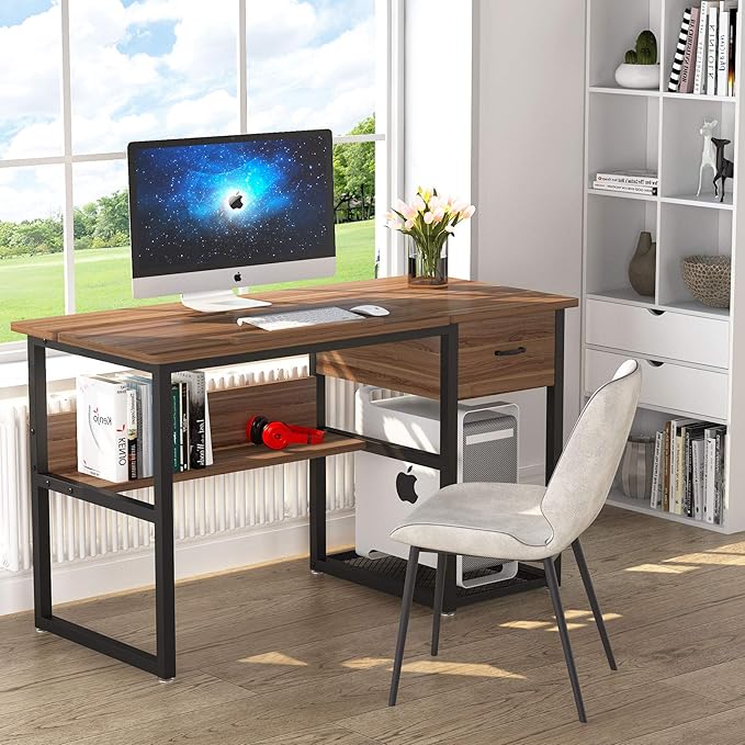 Tribesigns Drafting Table with Storage Drawers, Drawing Computer Desk Artist Craft Table Painting Desk Workstation with Shelves and Tiltable Tabletop for Students, Home Office - LeafyLoom