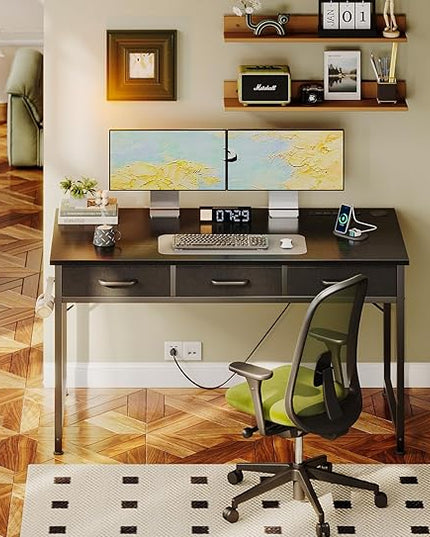 AODK 48 Inch Computer Desk with 3 Fabric Drawers, Office Desk with USB/Type-C Charging Ports & Power Outlets, Vanity Desk with Iron Hook for Bedroom, Study/Writing/Work Table for Bedroom, Black - LeafyLoom