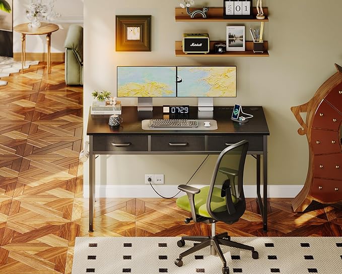 AODK 48 Inch Computer Desk with 3 Fabric Drawers, Office Desk with USB/Type-C Charging Ports & Power Outlets, Vanity Desk with Iron Hook for Bedroom, Study/Writing/Work Table for Bedroom, Black - LeafyLoom