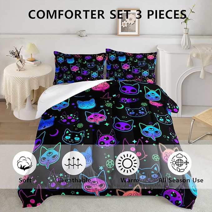 Axolotl Cat Comforter Set Queen,Kawaii Trippy Cat Moon Stars Bedding Set with 1 Comforter 2 Pillowcases for Kids Boys Girls Teens Adults Room Decor All Season,Colorful Neon Trippy Bed Set - LeafyLoom