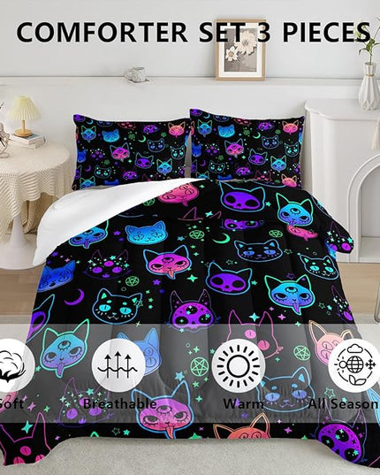 Axolotl Cat Comforter Set Twin,Kawaii Trippy Cat Moon Stars Bedding Set with 1 Comforter 2 Pillowcases for Kids Boys Girls Teens Adults Room Decor All Season,Colorful Neon Trippy Bed Set - LeafyLoom