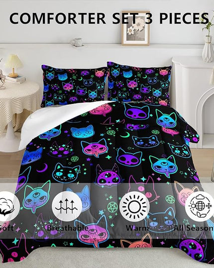 Axolotl Cat Comforter Set Full,Kawaii Trippy Cat Moon Stars Bedding Set with 1 Comforter 2 Pillowcases for Kids Boys Girls Teens Adults Room Decor All Season,Colorful Neon Trippy Bed Set - LeafyLoom