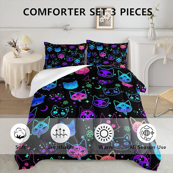 Axolotl Cat Comforter Set Full,Kawaii Trippy Cat Moon Stars Bedding Set with 1 Comforter 2 Pillowcases for Kids Boys Girls Teens Adults Room Decor All Season,Colorful Neon Trippy Bed Set - LeafyLoom